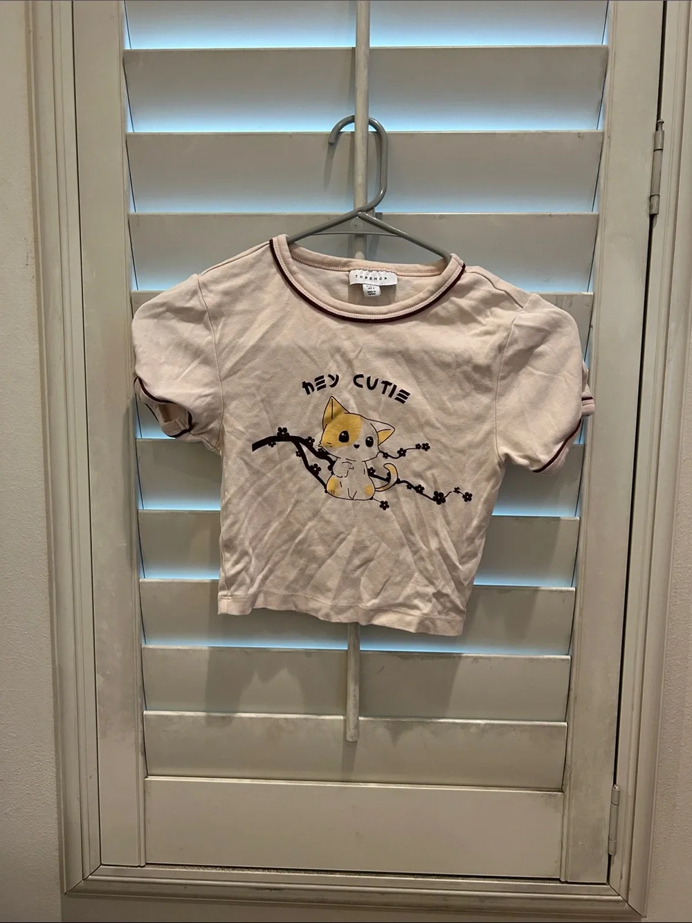 Topshop Cream Tee with Yellow Kitty Graphic and Maroon Trim